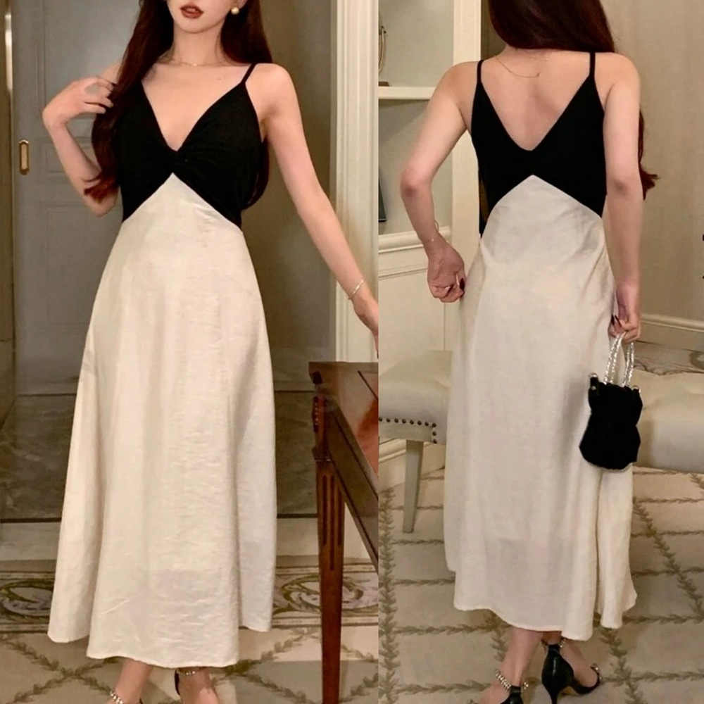 Cream & black Colorblock linen feel skirt Twisted Strap Midi Dress - Picture 1 of 5
